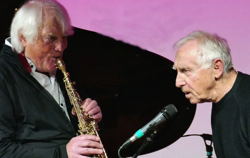 BK-und-Lett-zusammen-nb Frank Lettenewitsch, Lesung Bernd Konrad, Saxophon