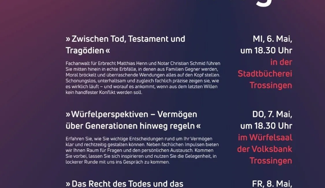 Im Mai finden die ersten Trossinger Erbrechtstage statt.