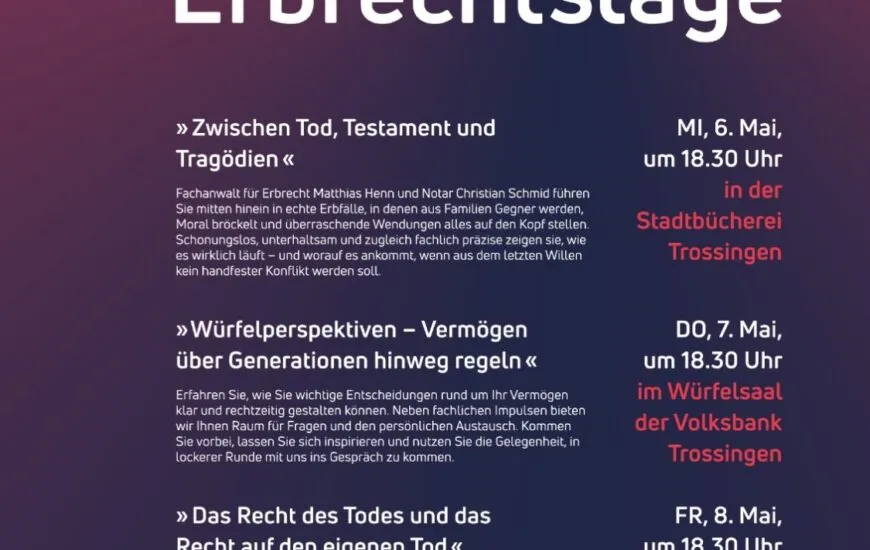 Im Mai finden die ersten Trossinger Erbrechtstage statt.