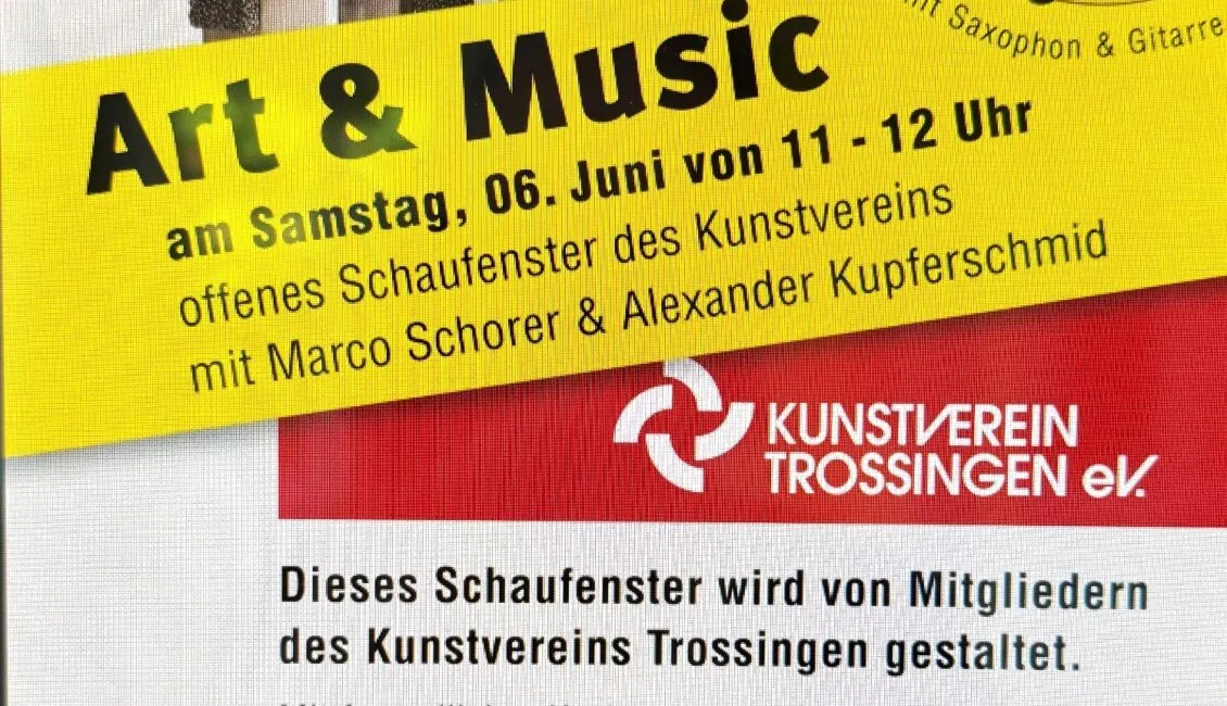 Art & Music“ gibt es am Samstag, 6. Juni von 11 bis 12 Uhr beim Offenen Schaufenster des Kunstvereins am Marktplatz 5. Bild: Kunstverein Art & Music“ gibt es am Samstag, 6. Juni von 11 bis 12 Uhr beim Offenen Schaufenster des Kunstvereins am Marktplatz 5. Bild: Kunstverein